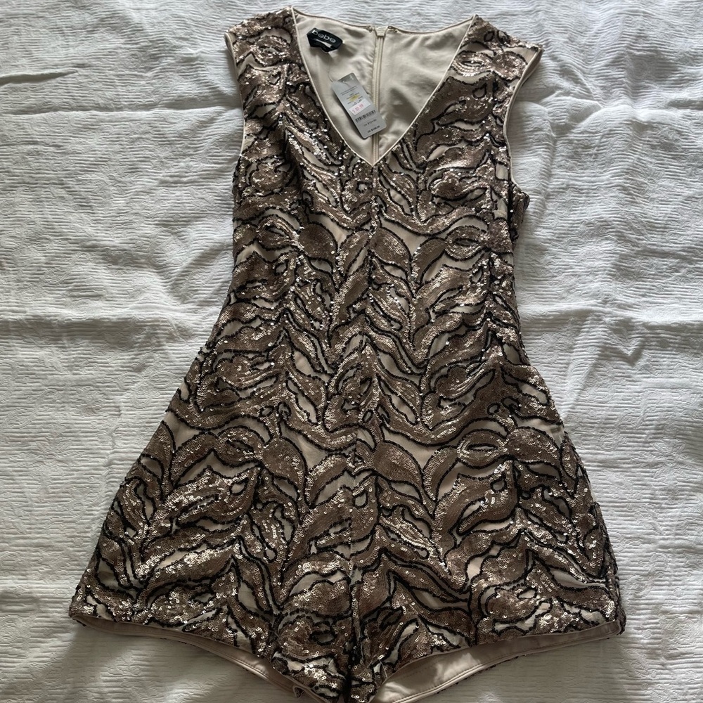 Bebe Beige and Black Sequin Romper